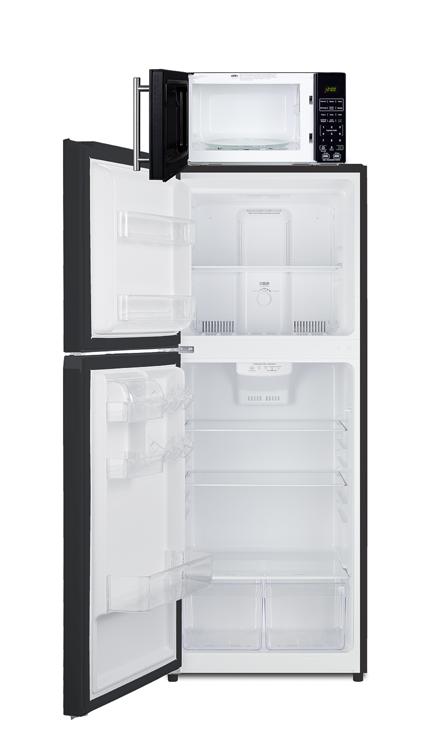 Frost-free 10.1 cu.ft. refrigerator-freezer and compact microwave in black with allocator and USB ports for 1-plug operation; ships in three boxes on one pallet